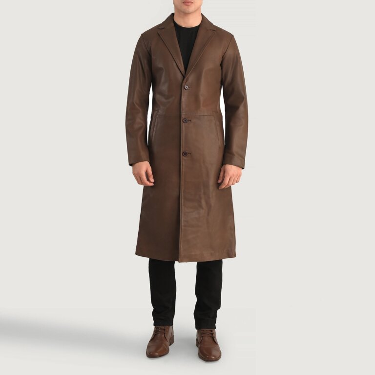 Mens Mateo Brown Leather Single Breasted Coat Full Length-2-1704114123597